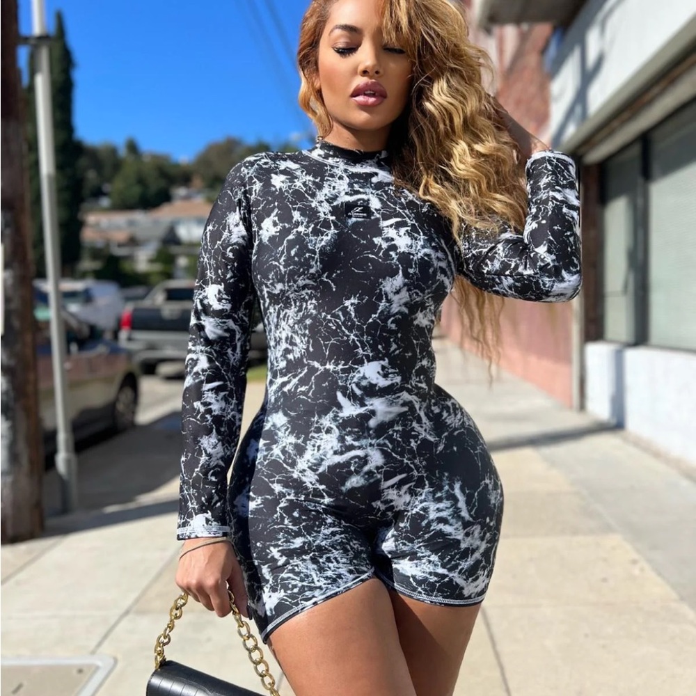 Black Marble Print Open-Back Romper Jumpsuit - Picture 2 of 2